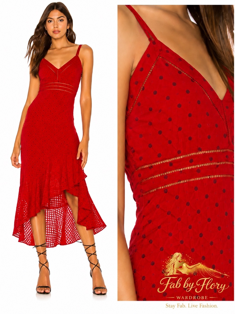 Tularosa ✨ Maya Dress in Lipstick Red – Polka Dot Asymmetrical Midi Dress
